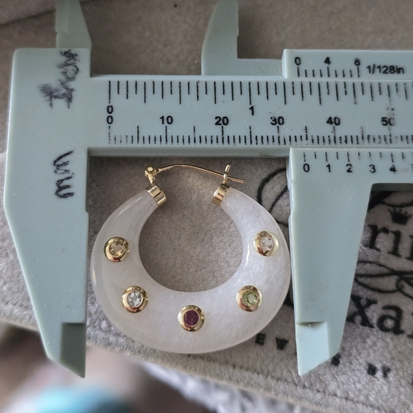 SOLD Ross Simons 14k Yellow gold Bezel Gemstone White Jade puffy hoop earrings - Picture 13 of 13